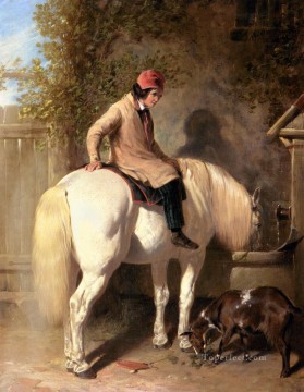 ジョン・フレデリック・ヘリング・シニア Painting - リフレッシュメント グレイ ポニー ニシン シニア ジョン フレデリックの馬に水をやる少年